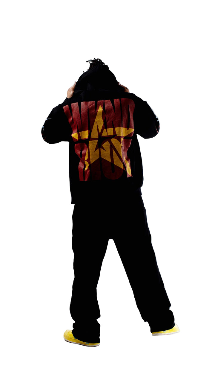 Person wearing a black hoodie with a colorful graphic on the back against a white background